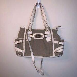 Michael Kors Gansevoort Canvas Satchel Leather Handbag Tan White